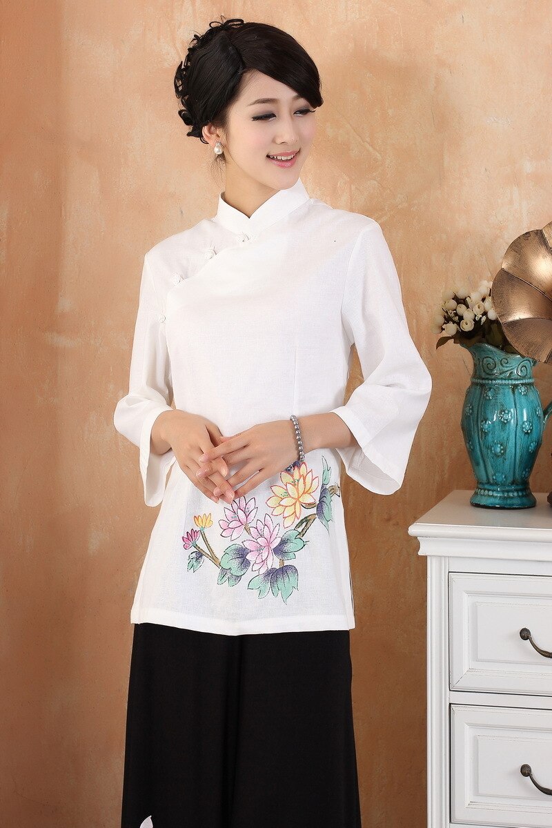 Nueva camisa de lino de algodón Casual a la para mujer, blusa Cheongsam china, blusas Qipao para mujer, camisa con cuello levantado con estampado de flores