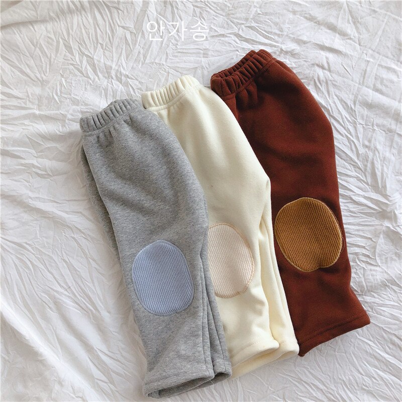 Bébé garçons filles genou Patch pantalon automne hiver Plus velours enfants pur coton Leggings solide enfant en bas âge Pp pantalon