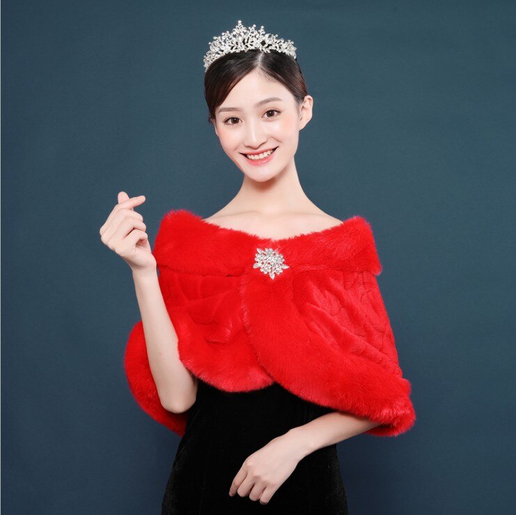 Ivoorrode dames warme imitatiebont witte bolero bruids wikkelsjaal bruidsjas jas accessoires voor avondfeest: Rood