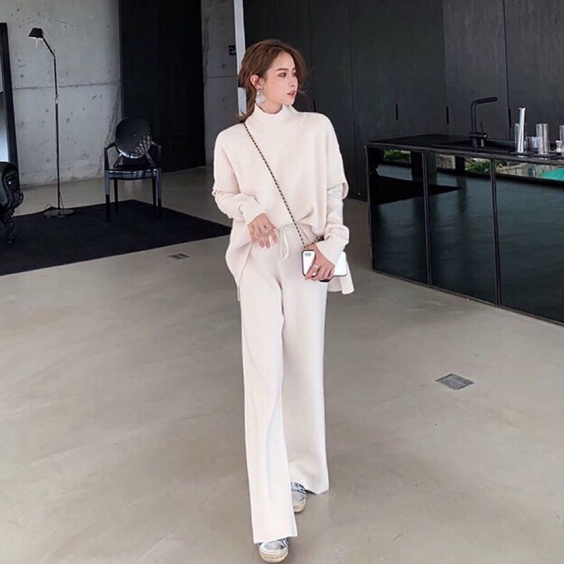 Genayooa Knitted 3 Piece Set Sweater Pants Woman Knitting Wide Leg Pants And Pullover Three Piece Suits Tracksuit Women: apricot