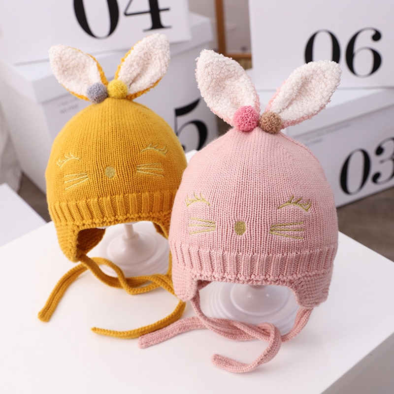 Schattige muts met konijnenoren voor babymeisjes, jongensaccessoires, warme gehoorbescherming, kindermuts, muts met pompon, gebreide wintermuts voor kinderen
