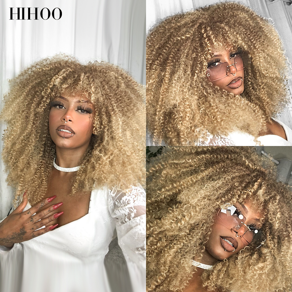 Pelucas rubias de pelo corto para mujeres negras, Afro, rizado, flequillo, Cosplay, Lolita, sintético, Marrón Natural, mezclado