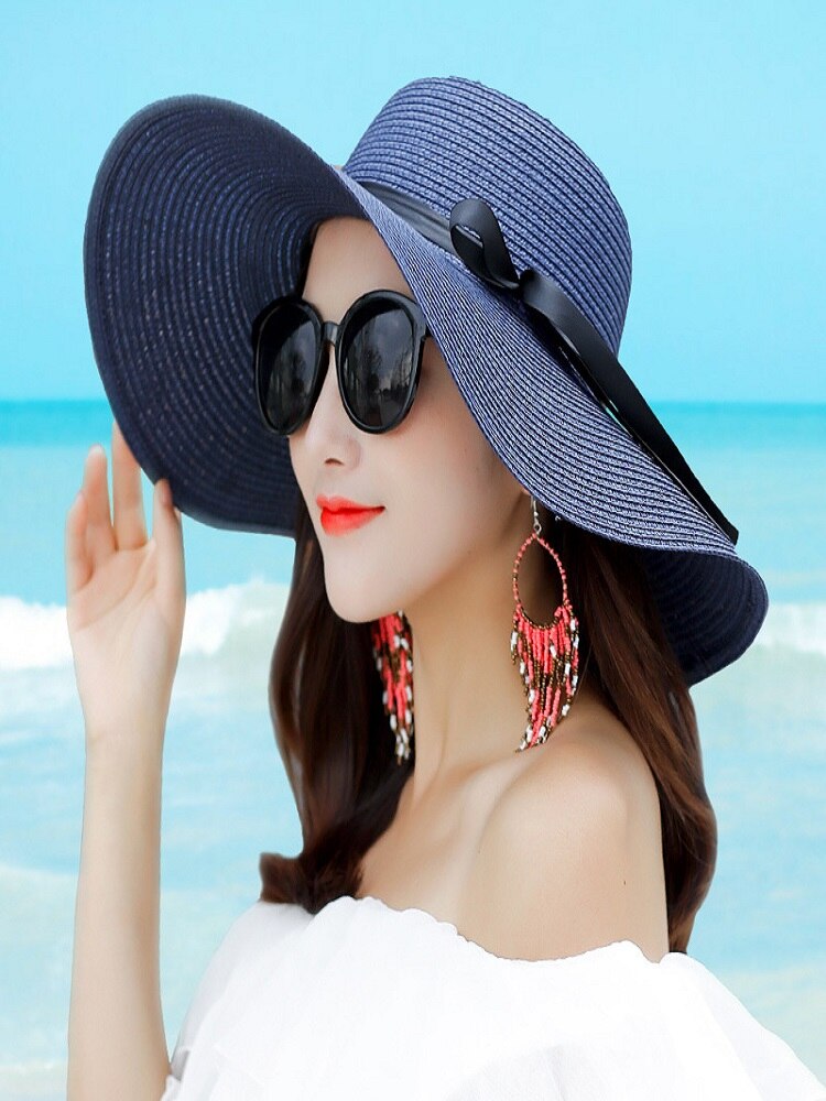 women's straw hat wide brim sun hat ladies solid black ribbon bow floppy beach hat female packable summer hat: A6