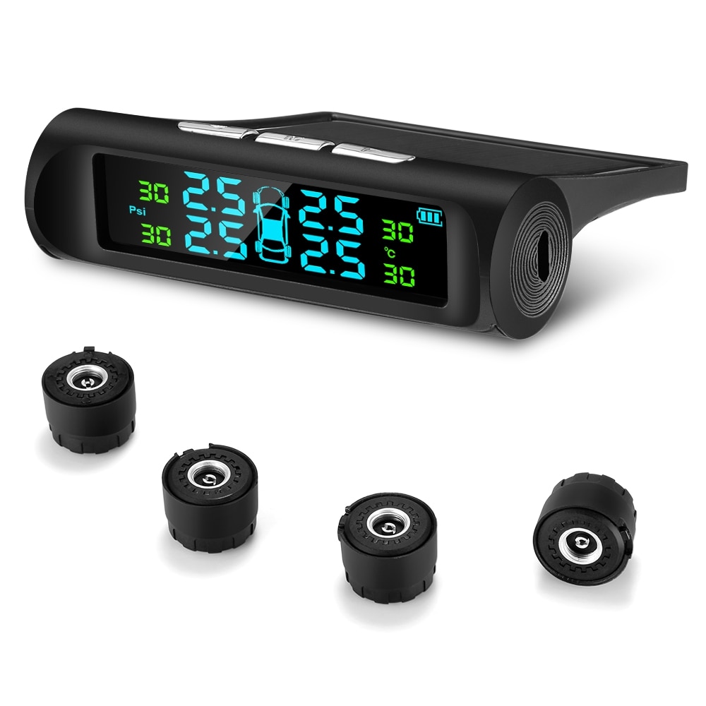 Solar Charging Car TPMS Tire Pressure Monitoring System HD Digital LCD Display Auto Alarms Wireless With 4 External Sensors TPMS