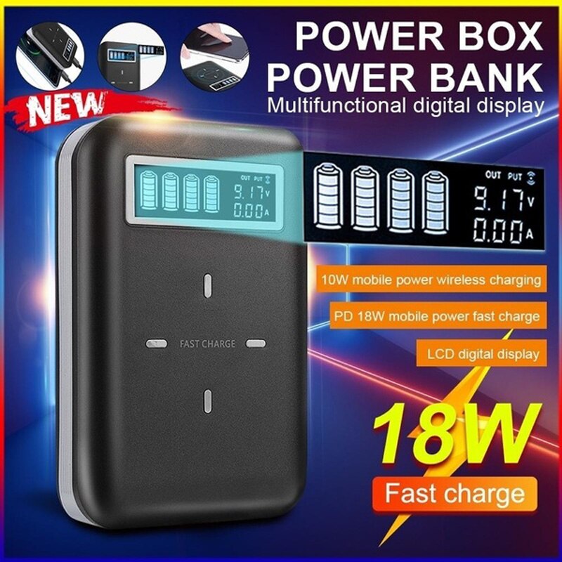 DIY Battery Power Bank PD Portable Battery Charger with LCD Display 18W Type c Fast Charger 10W Wireless Charger