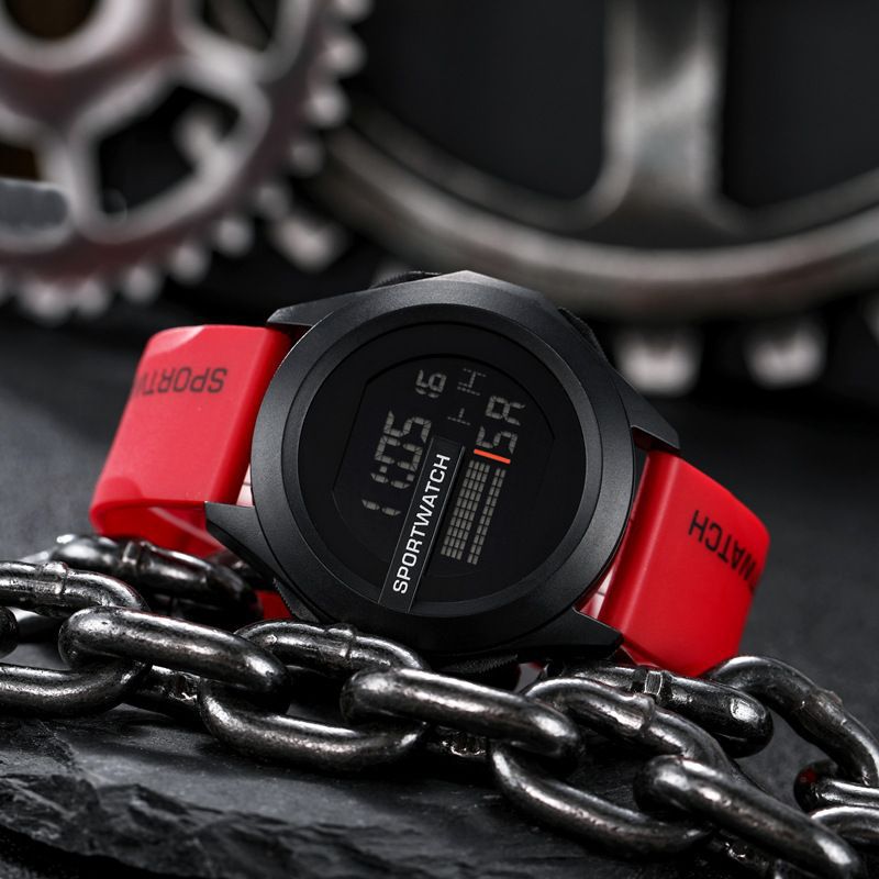 Reloj electrónico multifuncional, reloj electrónico luminoso con esfera grande para hombre: Rojo