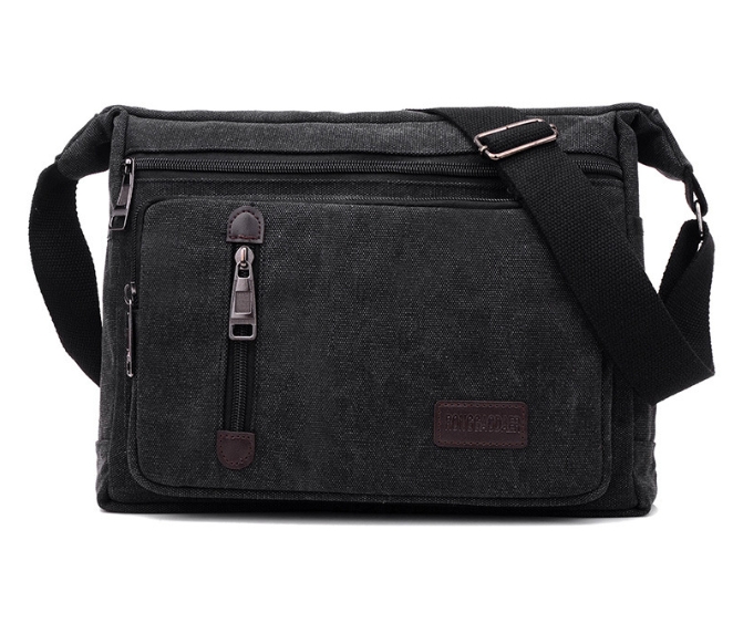 Canvas schoudertas voor flessen, heren en dames, casual, eenvoudig, retro, crossbody, vierkant, meerlaags: Zwart