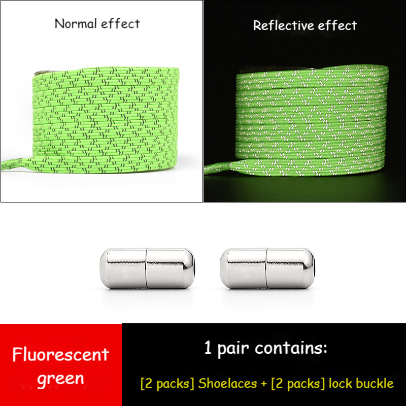 Cordones elásticos reflectantes sin lazos para zapatillas, cordones de goma para zapato que No se ata, planos y rápidos para niños y adultos: Fluorescent green