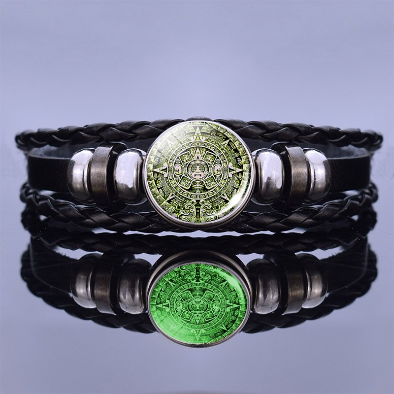Glow In The Dark Aztec Calendar Mexican Art Men Punk Braided Bracelet Charm Mayan Calendar Jewelry: size 1