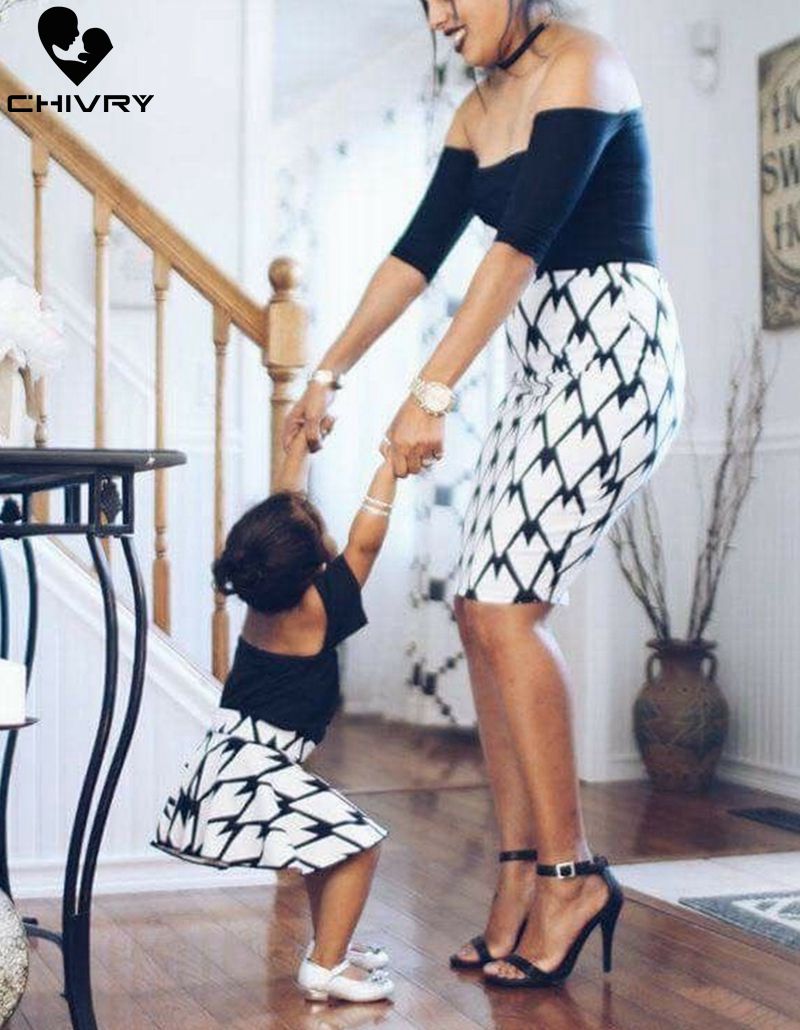 Chivry mor datter kjoler patchwork slash neck off shoulder kjole mor og datter kjole familie matchende tøj