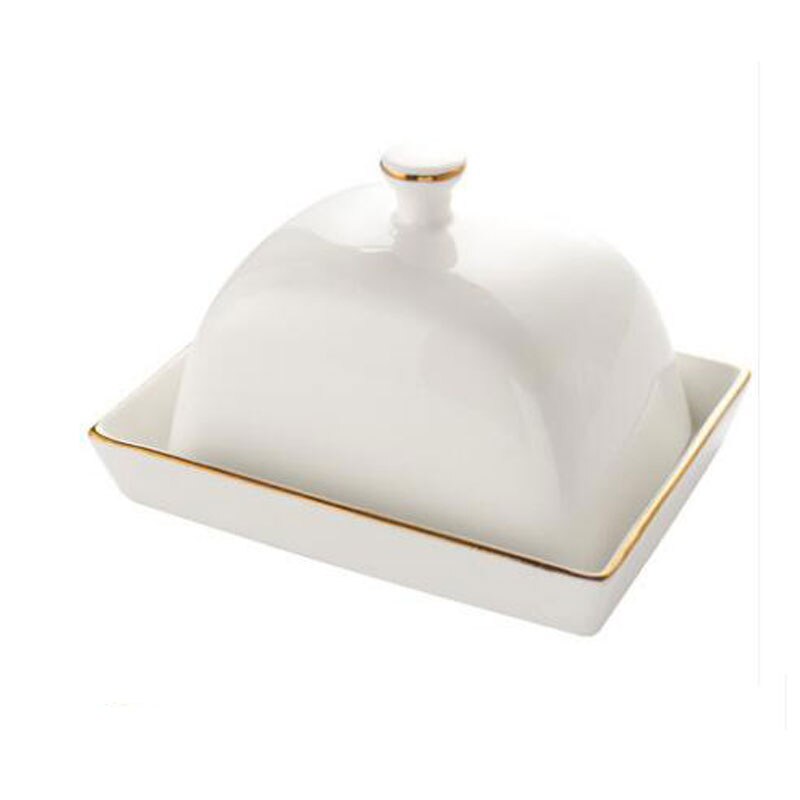 Solide hvide keramiske smørplader opbevaringsboks snackplade dessertplade med farve hvidt låg med guldkant