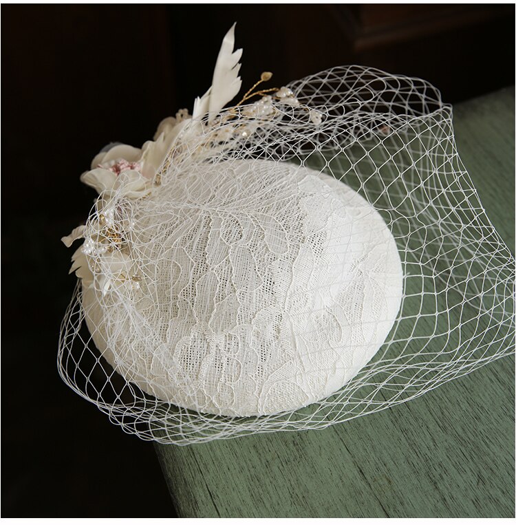 Chapeau de mariage pour femme, en lin Beige, Vintage, fait à la main, voile de visage avec peigne