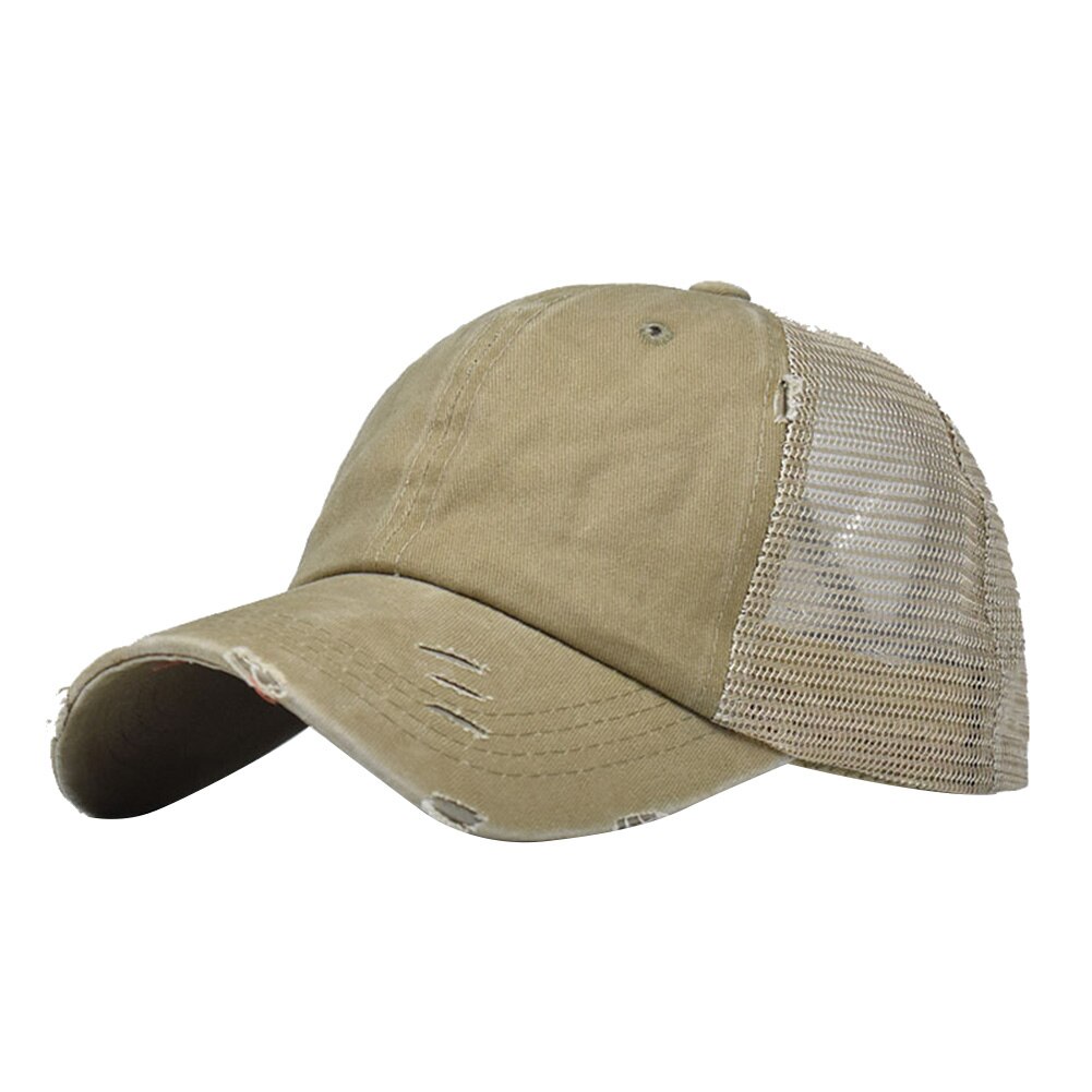 Kvinder flået anti uv mesh hestehale hat justerbar udendørs sport baseball cap justerbar bred ramme hestehale revet baseball cap: Khaki