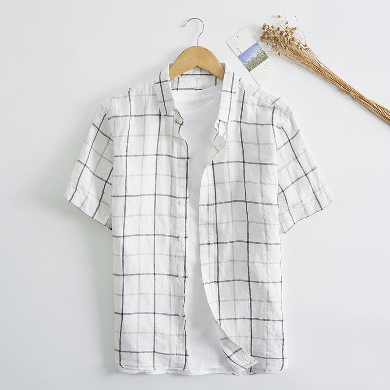 Männer Sommer Hemden 100% Flachs Plaid lässig Herren Kurzarm T Shirt Herren Kleidung Herbst Männlichen oben leinen Hemd