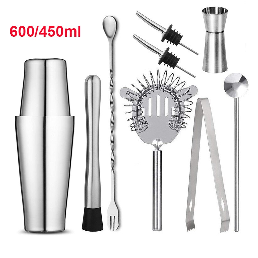 Stainless Steel Cocktail Set 550ml/750ml Cocktail Shaker Set with Muddler Jigger Bar Spoon Ice Tong Bartender Kit Bar Set: Boston 9pcs 600x450
