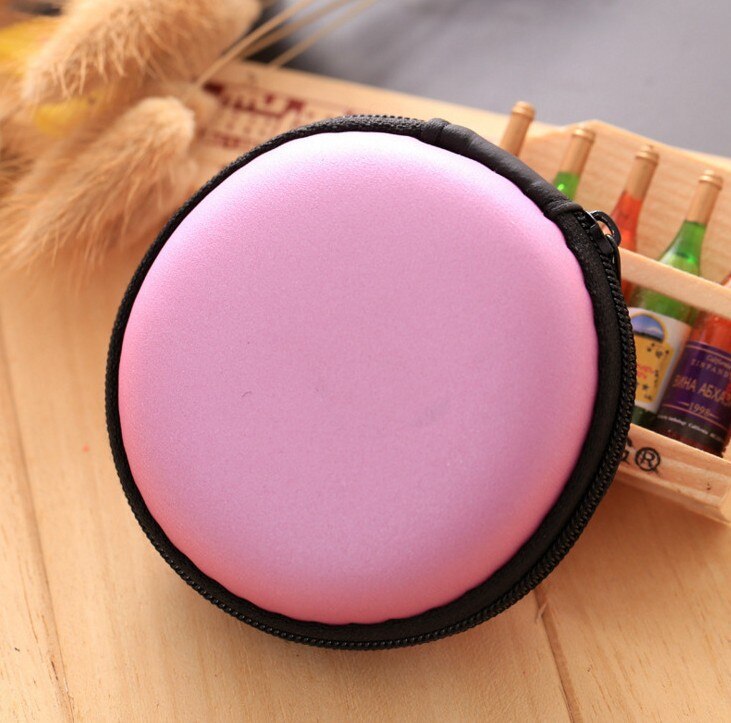 Ronde Draagbare Oordopjes Doos Mini Rits Hard Headphone Case PU Leer Oortelefoon Case Opbergtas Beschermende USB Kabel Organizer: Roze