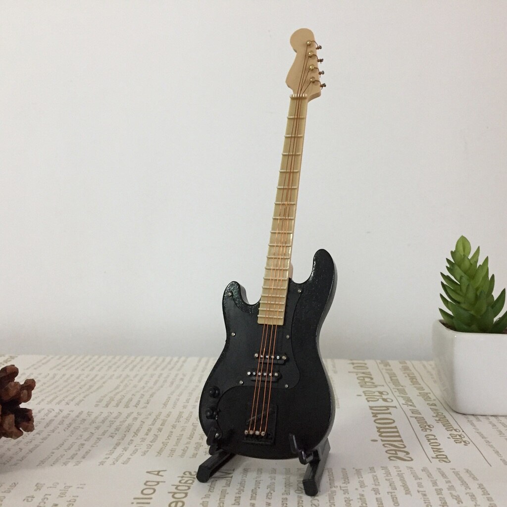 Handmade 1/6 Musical Instrument Crafts Wooden Electric Bass Guitar with Stand for for Blythe Azone 1/6 BJD Dolls House