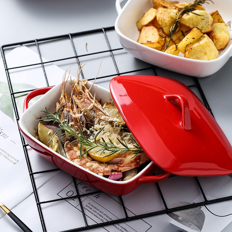 Rectangular ceramic baking dish with lid household binaural cheese baked rice dish bowl baking oven microwave oven