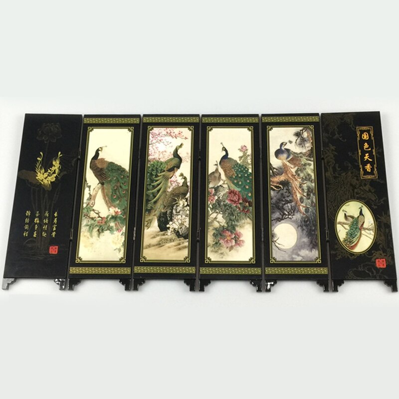 Mini salle diviseur paravent 6 panneau paon imprimé toile table en bois Art chinois décoration de la maison décor de mariage