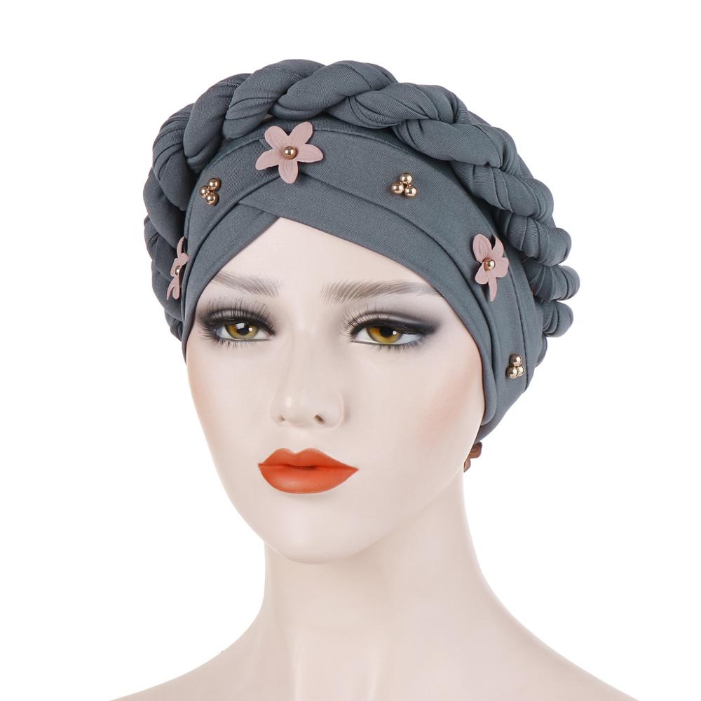 Gorros dorados 3d flor estilo africano sombrero con cuentas musulmana accesorios para el pelo turbante mujer sólida trenzada Banda TUB002