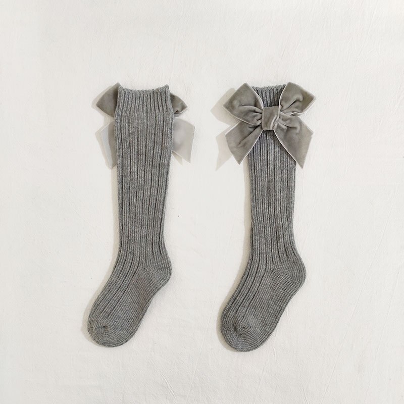 freundlicher Spanisch Socken für Frühling Herbst groß Bowknot Wolle Baby Socken Reine Ebene Farbe Mitte-zu-hohe kleinkind Mädchen Socken: grau / S (0-1Jahre)