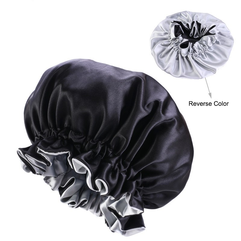 Ekstra stor satin silke motorhjelm sovekappe soild farve kemoterapi bruserhætter premium elastikbånd hatte satinhuer: Sort
