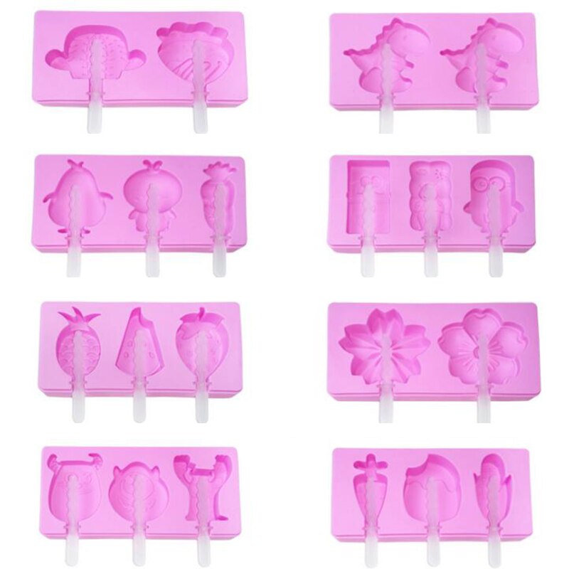 Silikonglassform med lock och pinne bpa gratis söta djur fruktform isbitbricka hemlagad isglassmaskin för barn