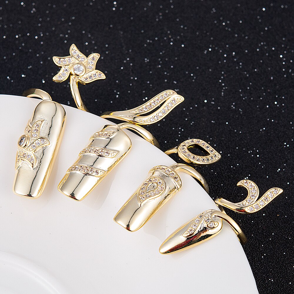 4pcs Finger Nail Ring Set Women Gold Crystal Fingernail Ring Gothic Cubic Zircon Punk Wedding Jewelry Accessories