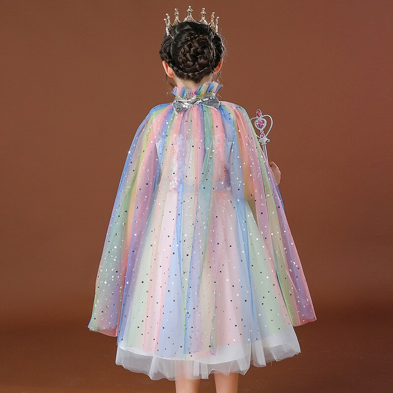 Boiiwant 4-10t pige regnbue pailletter kappe kappe kostume snoretræk tyl prinsesse sofia jasmin aurora fancy dress up kappe: Multi / 7 to 10t