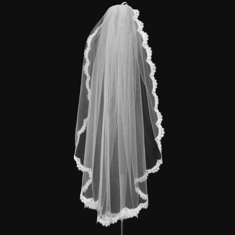 Short Wedding Veils White Ivory One Layer With Comb Lace Flower Edge Appliques Bridal Veil Weeding Accessoire voile de mariee
