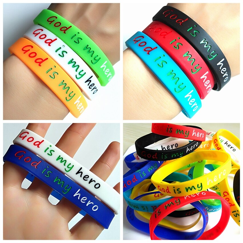 12 pièces Top couleur mélange dieu est mon héros bracelets hommes femmes Silicone wrsitbandes jésus Sport manchette