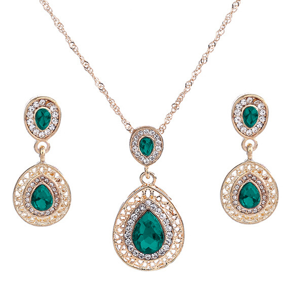 Vrouwen Luxe Strass Oval Charm Ketting + Dangle Oorbellen Sieraden Set: Green