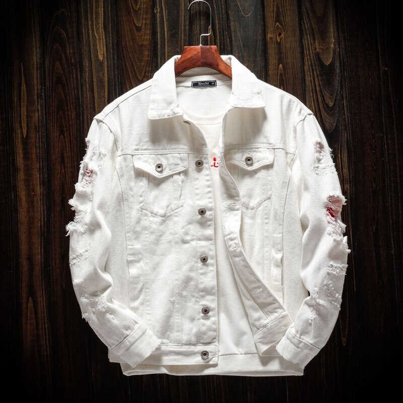 4XL White Ripped Denim Jassen Mannen/Vrouwen Hip Hop Gaten Casual Verontruste Streetwear Effen Mannelijke Jeans jas