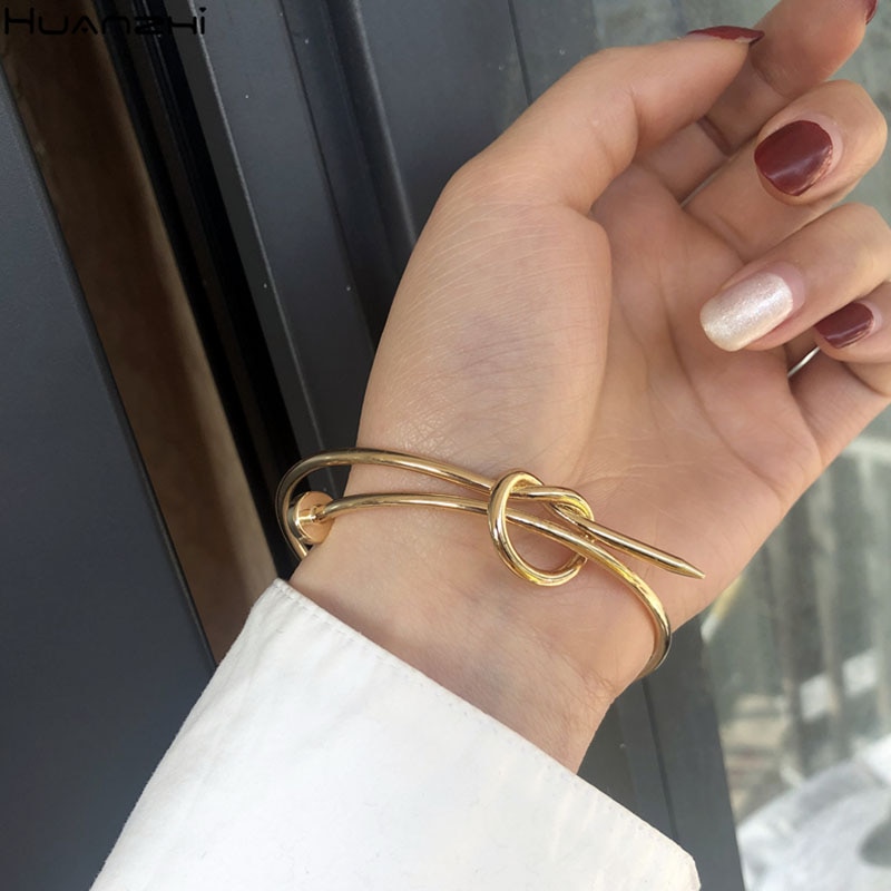 Huanzhi Koreaanse Goud Zilver Kleur Manchet Nail Tie Bangle Alloy Verstelbare Charm Eenvoudige Stijl Armband Voor Vrouwen Sieraden