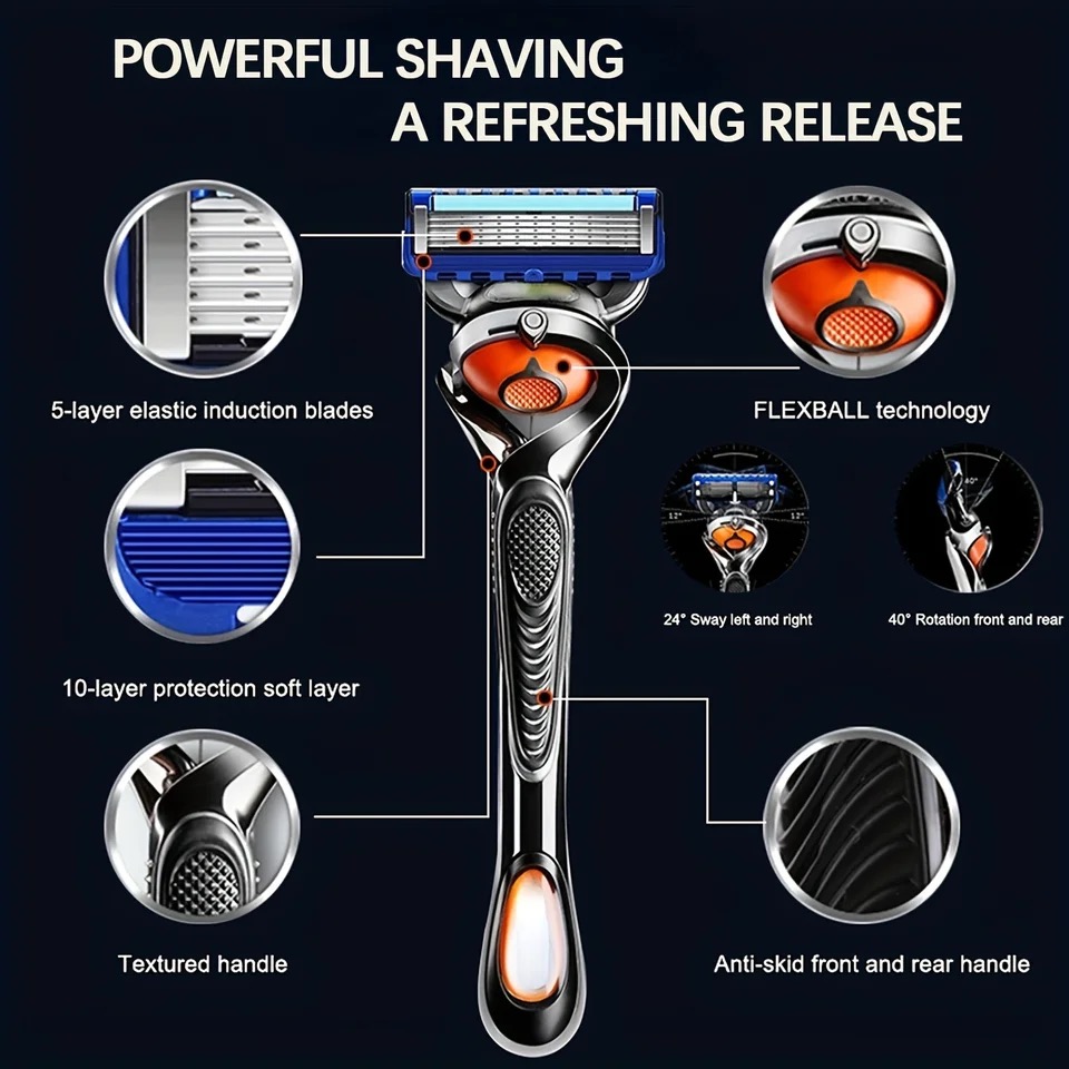 Men's Safety Razor with Non-slip Stainless Steel Handle, Suitable for Beards and Mustaches, 5 Layers of Blades, Including Blades