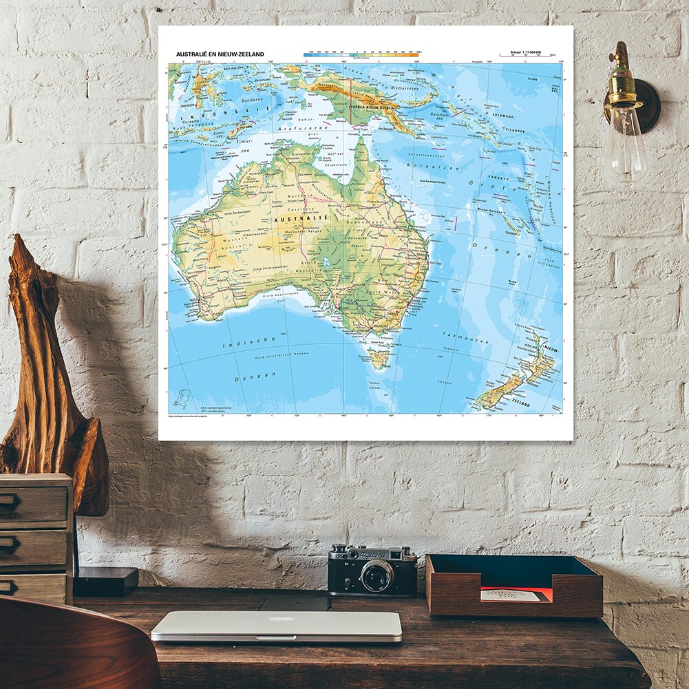 150*150cm Topographic Map of Oceania In Dutch Wall Poster Vinyl Canvas Painting Classroom Home Decoration School Supplies