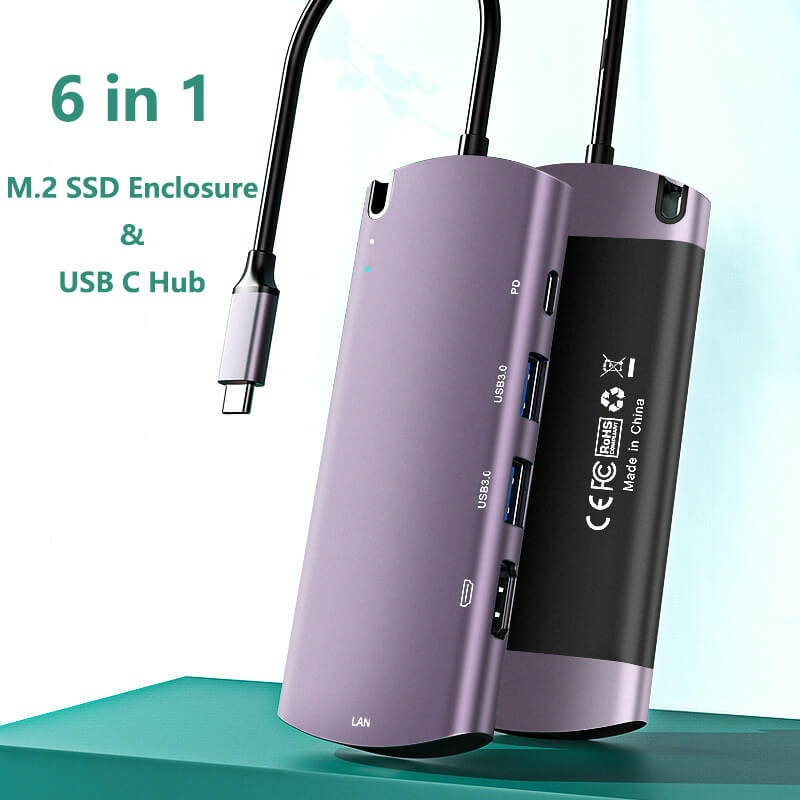 Station d'accueil disque dur USB C avec M.2 NGFF, Station d'accueil type-c vers SSD, 3.0 W PD 4K HDMI RJ45 Ethernet, pour MacBook Pro