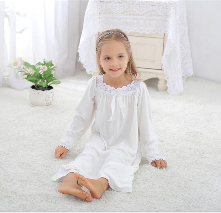 Camisón de algodón para niñas otoño blanco rosa lazo niñas camisón de manga larga niños ropa de cómodo ropa de casa