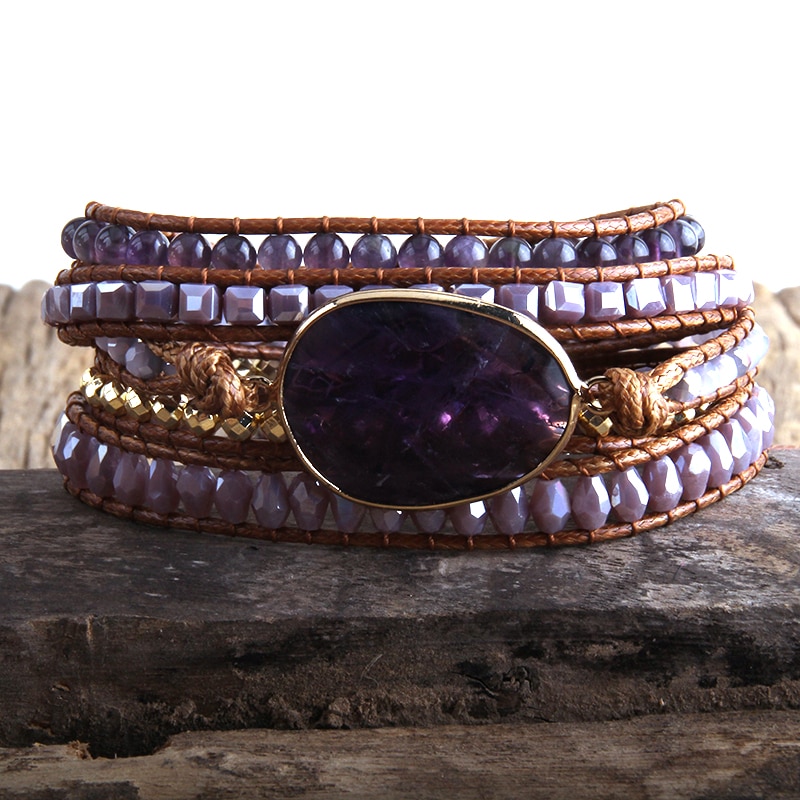 RH Neue Boho Armband Vegan Schnur Natürliche Steine Charm 5 Stränge Woven Wrap Armbänder