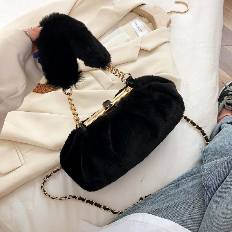 Casual, effen pluchen schoudertas met ketting, herfst/winter, dames, kleine crossbodytas met drukknopen: Zwart