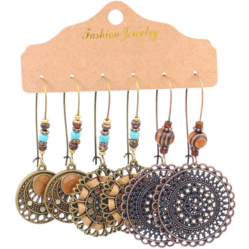 Boho Geometry Round Circle Alloy Earrings for Woman Indian Ethnic Leaf Long Hanging Earrings Set Jewelry Accessories: 20995-3