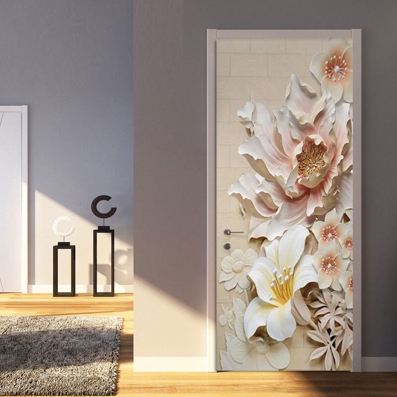 Door Sticker 3D Embossed Flowers Wallpaper PVC Self-Adhesive Living Room Hotel Door Decals Home Decor Vinyl Mural Wall Stickers