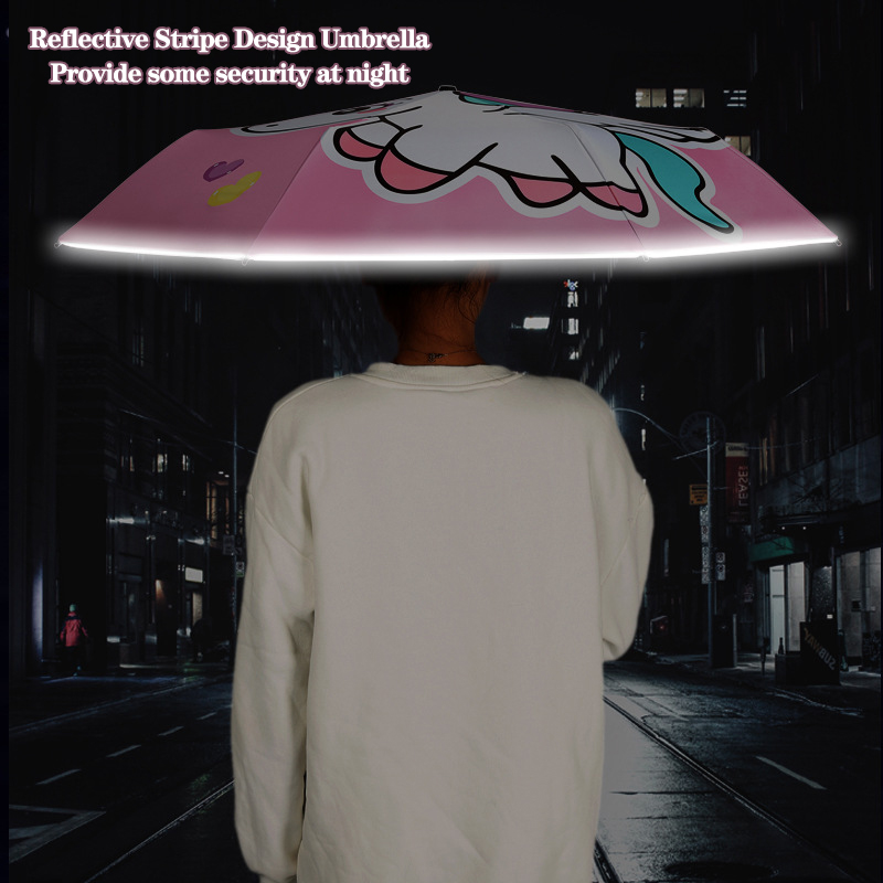 Ombrello pieghevole, simpatico unicorno, dinosauro, piccola tigre spaziale, ombrello per protezione solare alla moda, ombrello dal design a strisce riflettenti