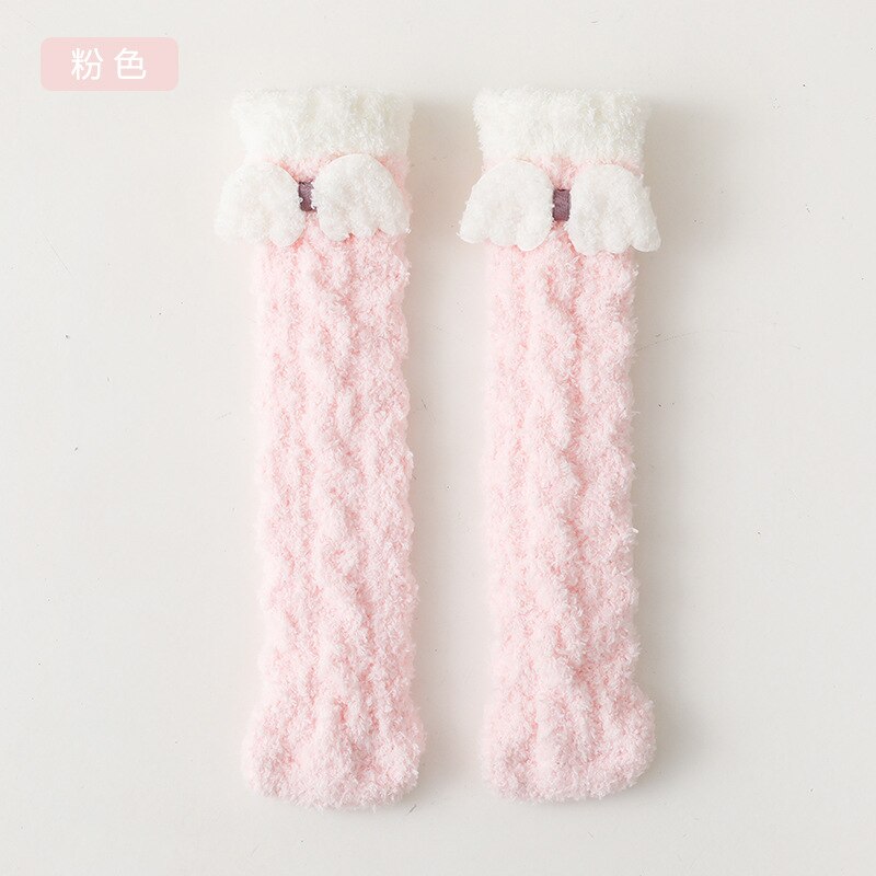 Nette Winter Warme freundlicher Socken Dicken Korallen Vlies Stich FlüGel Baby Socken Knie Höer Boden Socke für Weihnachten Neue jahre: Rosa