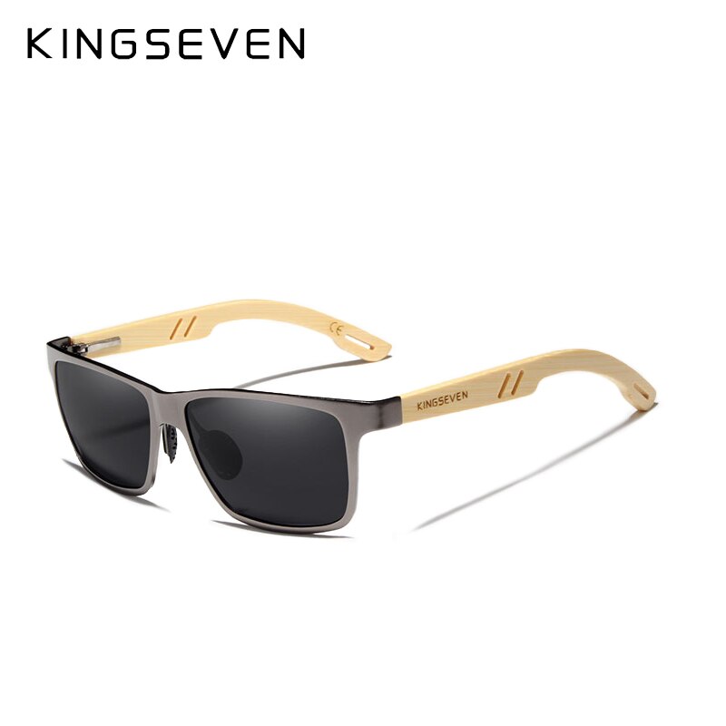 KINGSEVEN Polarized Aluminum+Bamboo Natural Wooden Handmade Sunglasses Men UV400 Eyewear Women Sun Glasses: Gun Bamboo