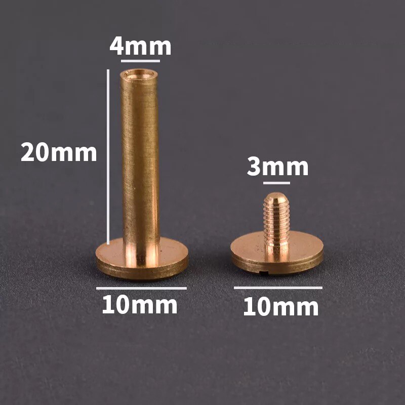Tornillos de encuadernación de latón macizo, remaches de clavos para álbum de fotos, tachuelas artesanales de cuero, sujetadores de billetera de cinturón, tapa de 10mm, 10 Uds.: 10mm x 20mm