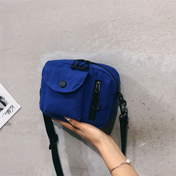 Damen-umhängetasche im koreanischen japanischen stil aus canvas, lässig, klein, schräg geschnitten, quadratisch, handytasche: Blau
