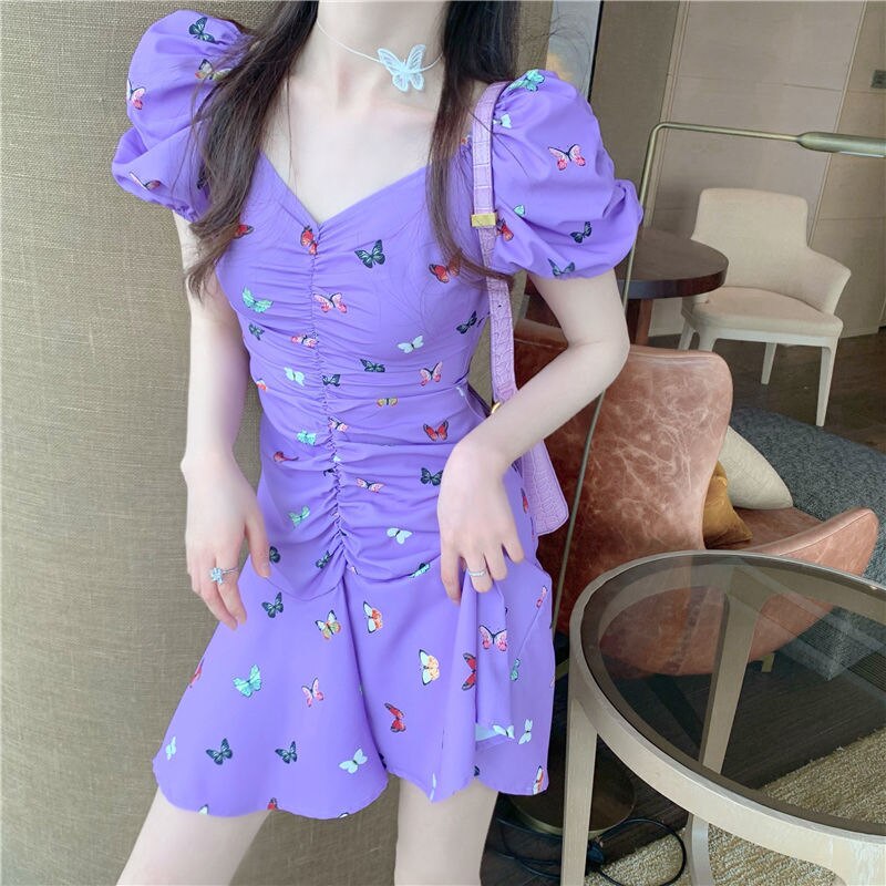 Loose Purple O-Neck Patchwork Chiffon Mini Dresses Butterfly Sleeve main image 0