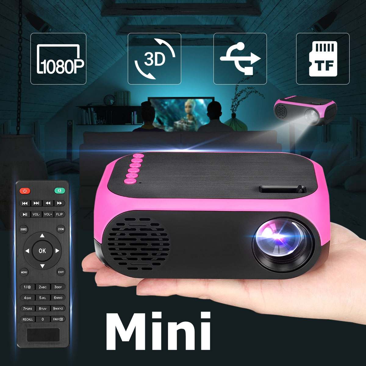 Mini projector 1080p HD USB TF Portable Cinema Projector Home Theatre System Support 3D Movie Household Projector