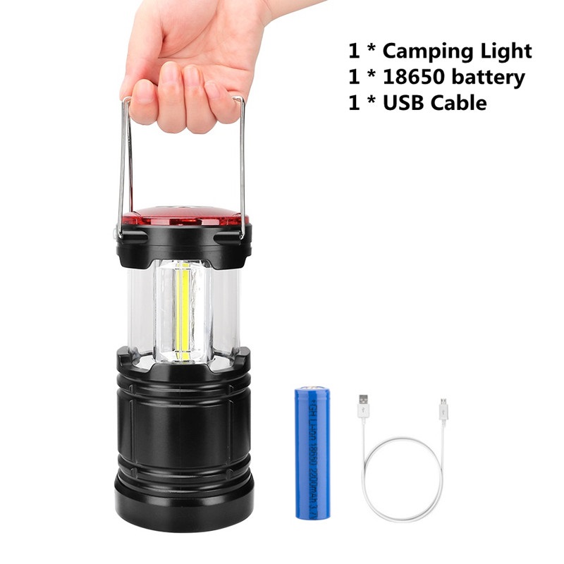 Cob +1w led+röd lampa vattentät campingljus lanterna led hängande ficklampa tältlampa usb port bärbar lanterna uppladdningsbar: Med batteri